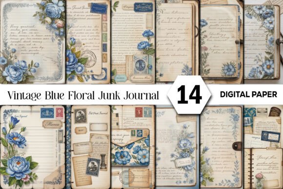 Download Vintage Blue Floral Junk Journal Kit - Premium Bundle