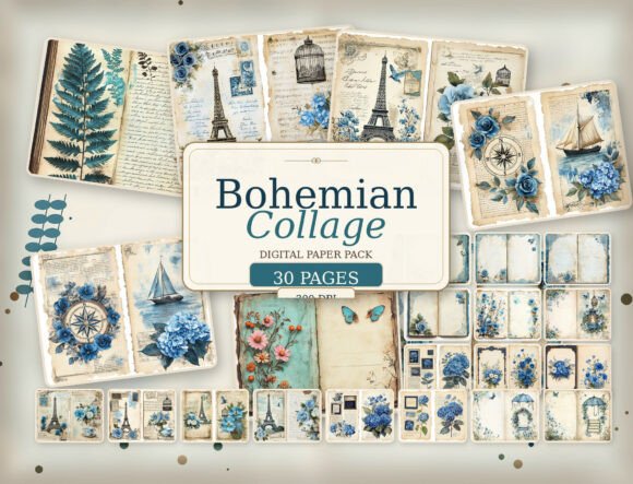 Download Vintage Blue Floral Journal Digital Pape - Premium Resources
